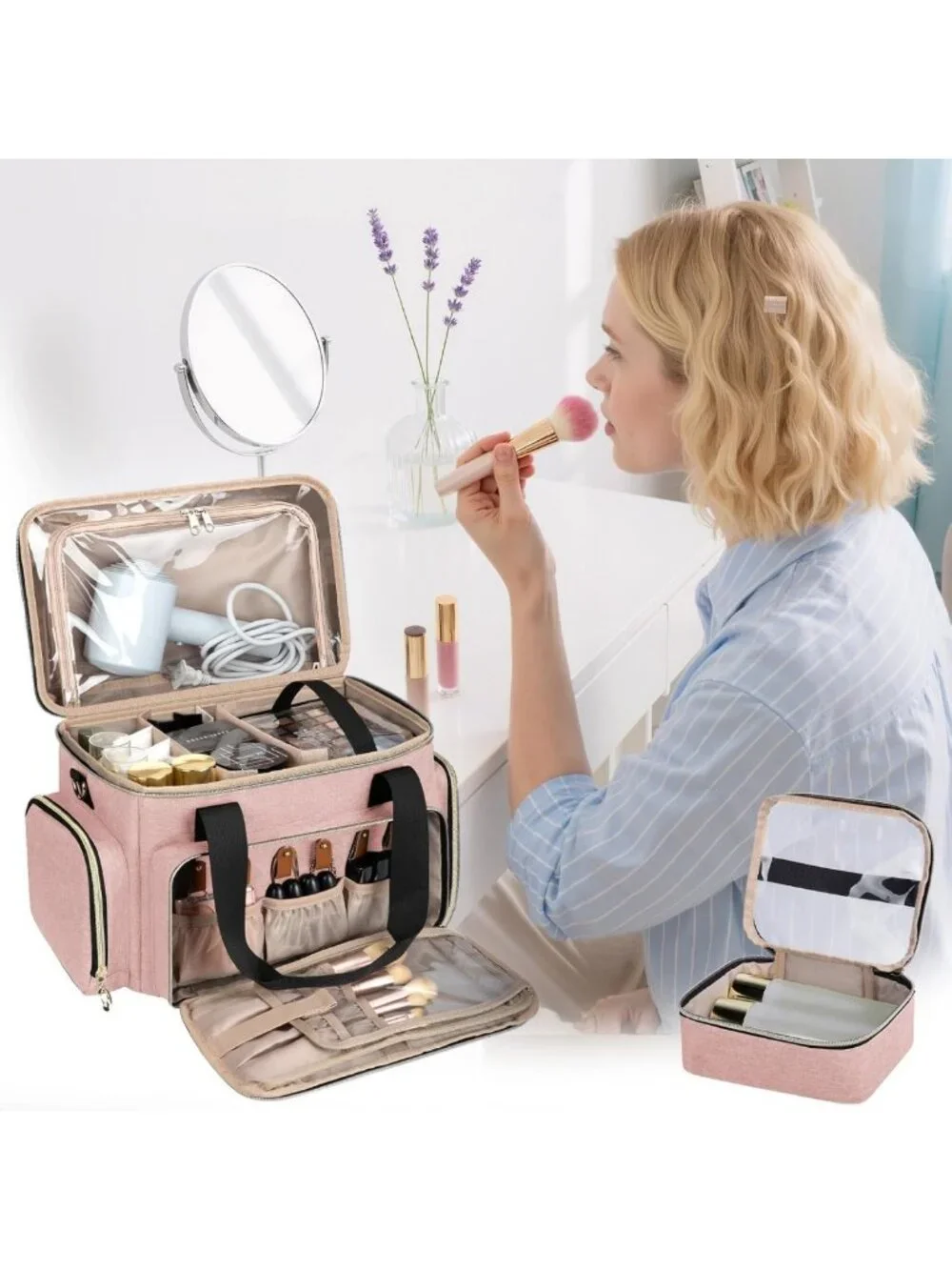 Large Portable Makeup Organizer Bag with Removable Pouches & Dividers - Pink